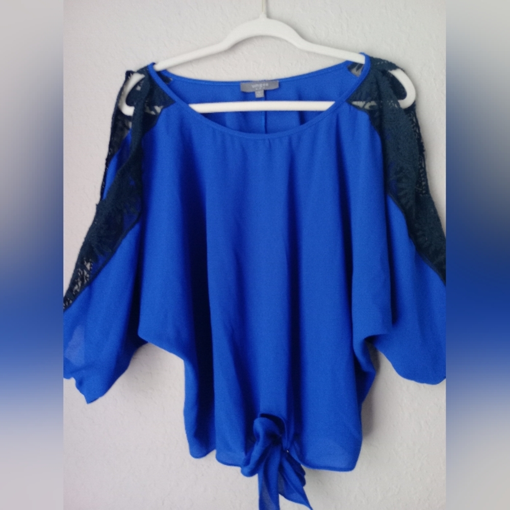 Umgee Blue and Black Dolman Sleeve Blouse with Tie Front Size L
